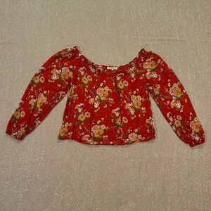 Flowy red floral boho blouse, size S